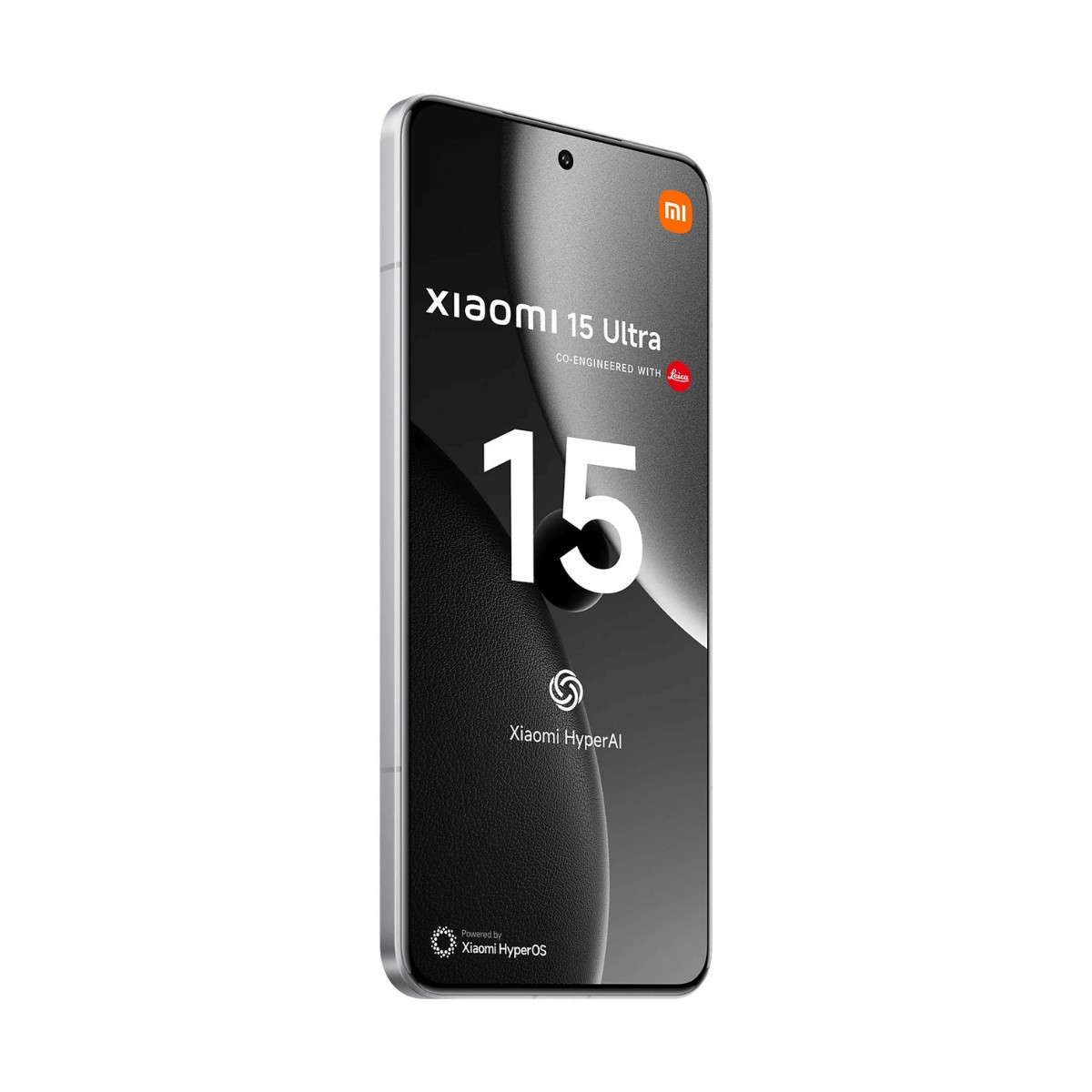 Lo smartphone Xiaomi 15 Ultra mostra una schermata iniziale con il testo grande 15 e il logo Xiaomi HyperOS.