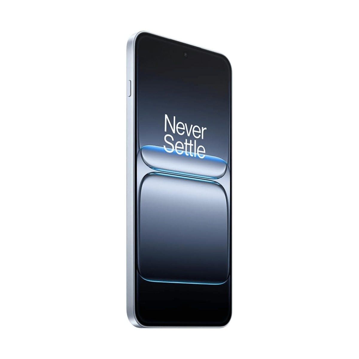 Uno smartphone con cornice argentata e schermo nero che mostra il testo 'Never Settle' in lettere bianche.