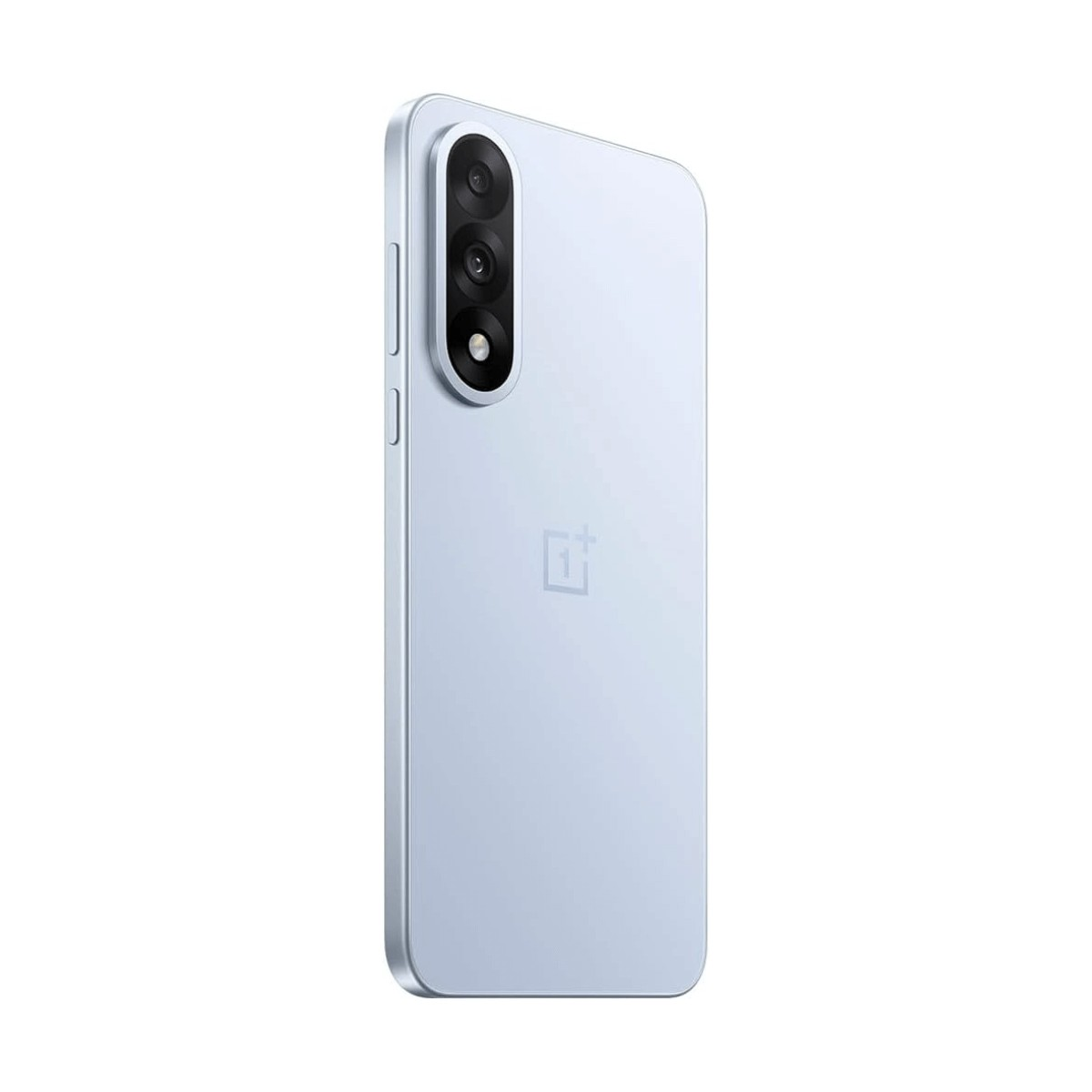 Uno smartphone azzurro chiaro è posizionato verticalmente, mostrando la tripla fotocamera e il logo OnePlus.