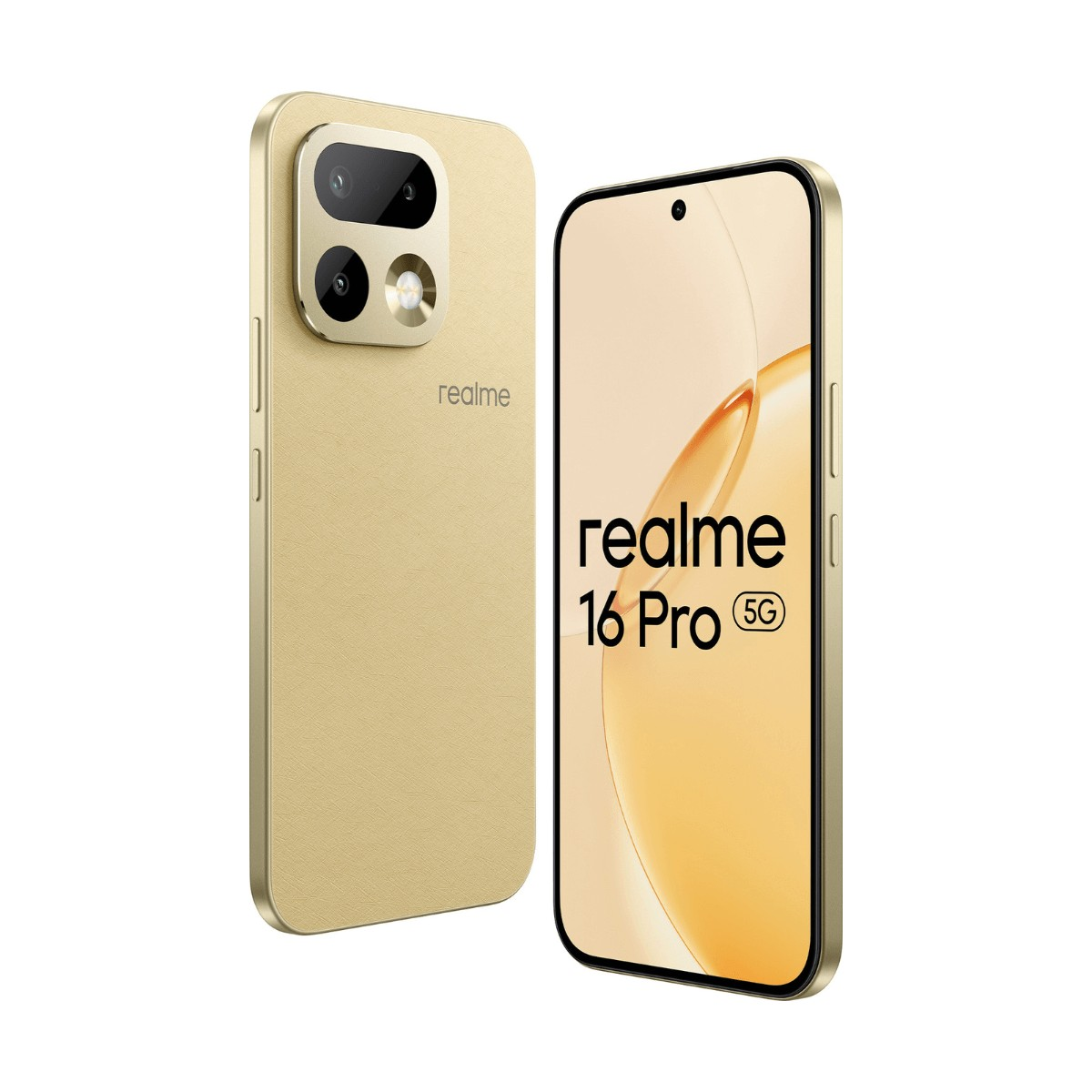 Smartphone Realme 16 Pro 5G color oro mostrato da davanti e da dietro.