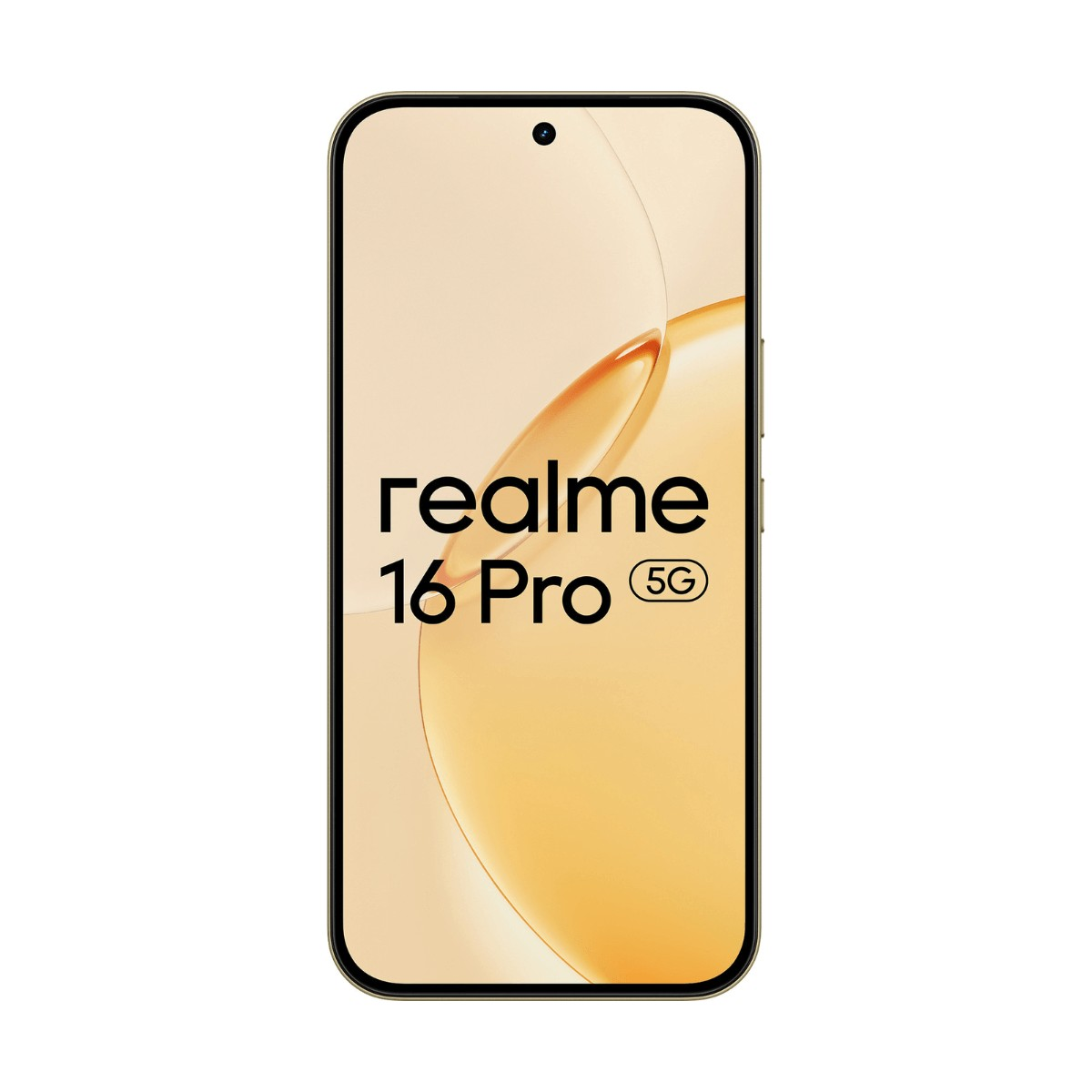 Uno smartphone Realme 16 Pro 5G dorato con sfondo astratto crema e oro.