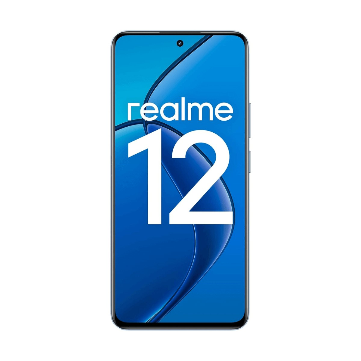 Vista frontale dello smartphone Realme 12 con schermo blu e la scritta Realme 12.