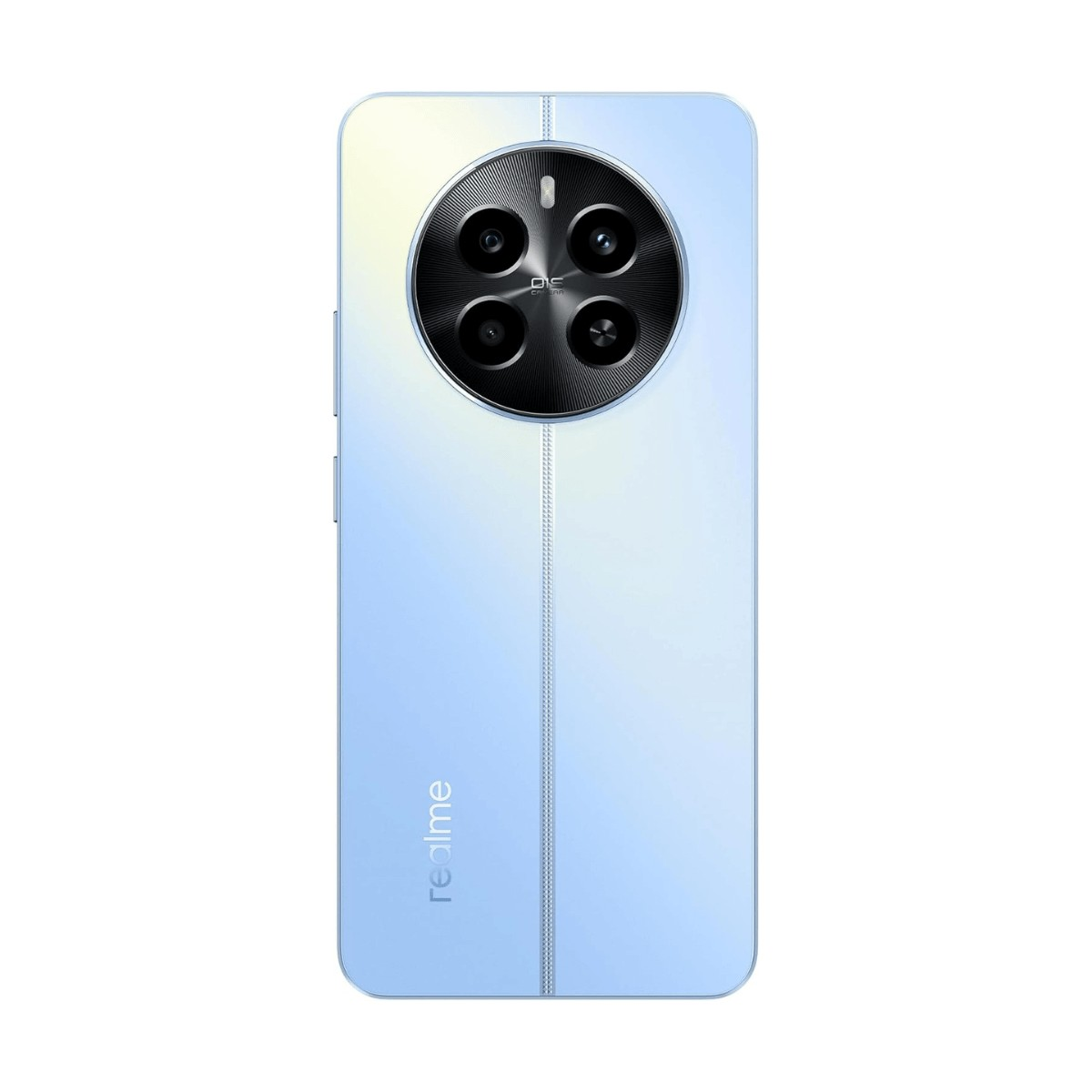 Smartphone Realme azzurro con grande modulo fotocamera rotondo, linea verticale centrale e logo.