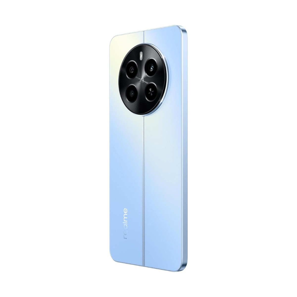 Smartphone Realme azzurro con ampio modulo fotocamera rotondo e cucitura verticale sul retro.