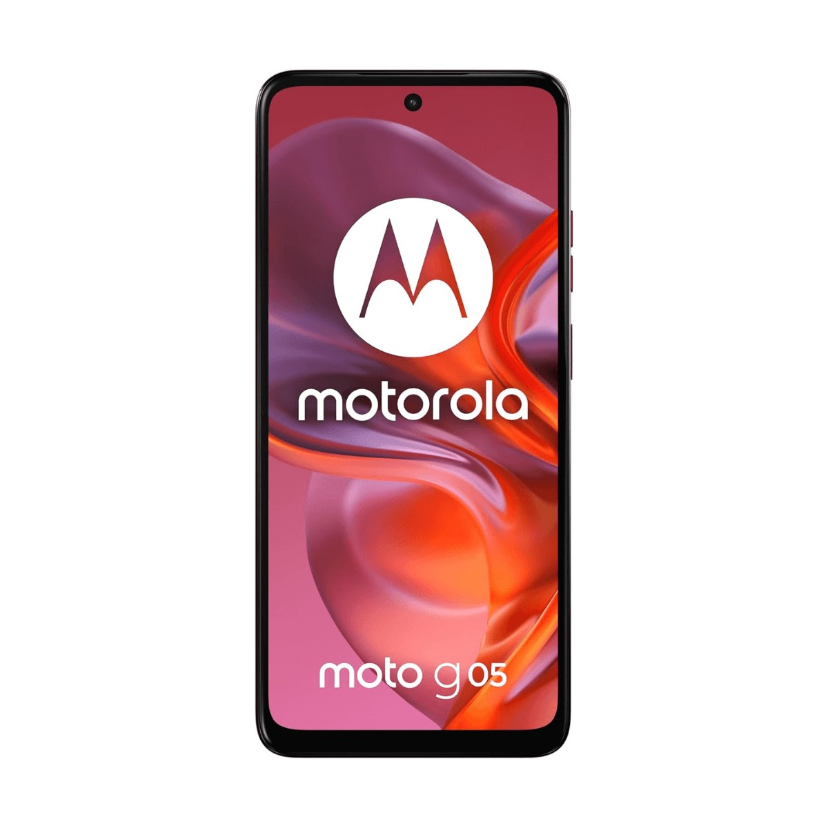 Frontansicht eines Motorola G05 Smartphones mit rotem Hintergrund und dem Motorola Logo auf dem Display.