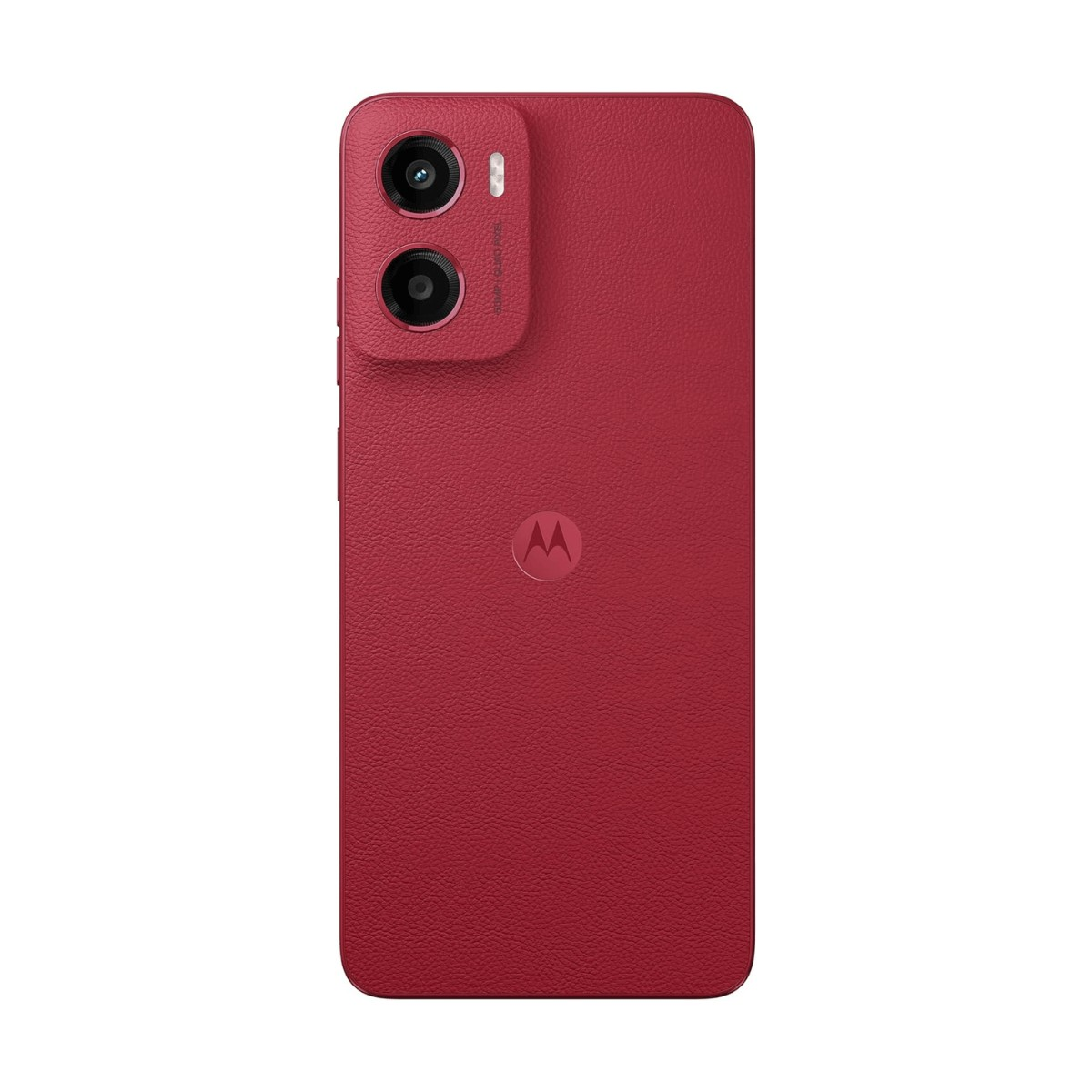 Rückseite eines roten Motorola-Smartphones mit Dual-Kameramodul und strukturierter Kunstleder-Rückseite.