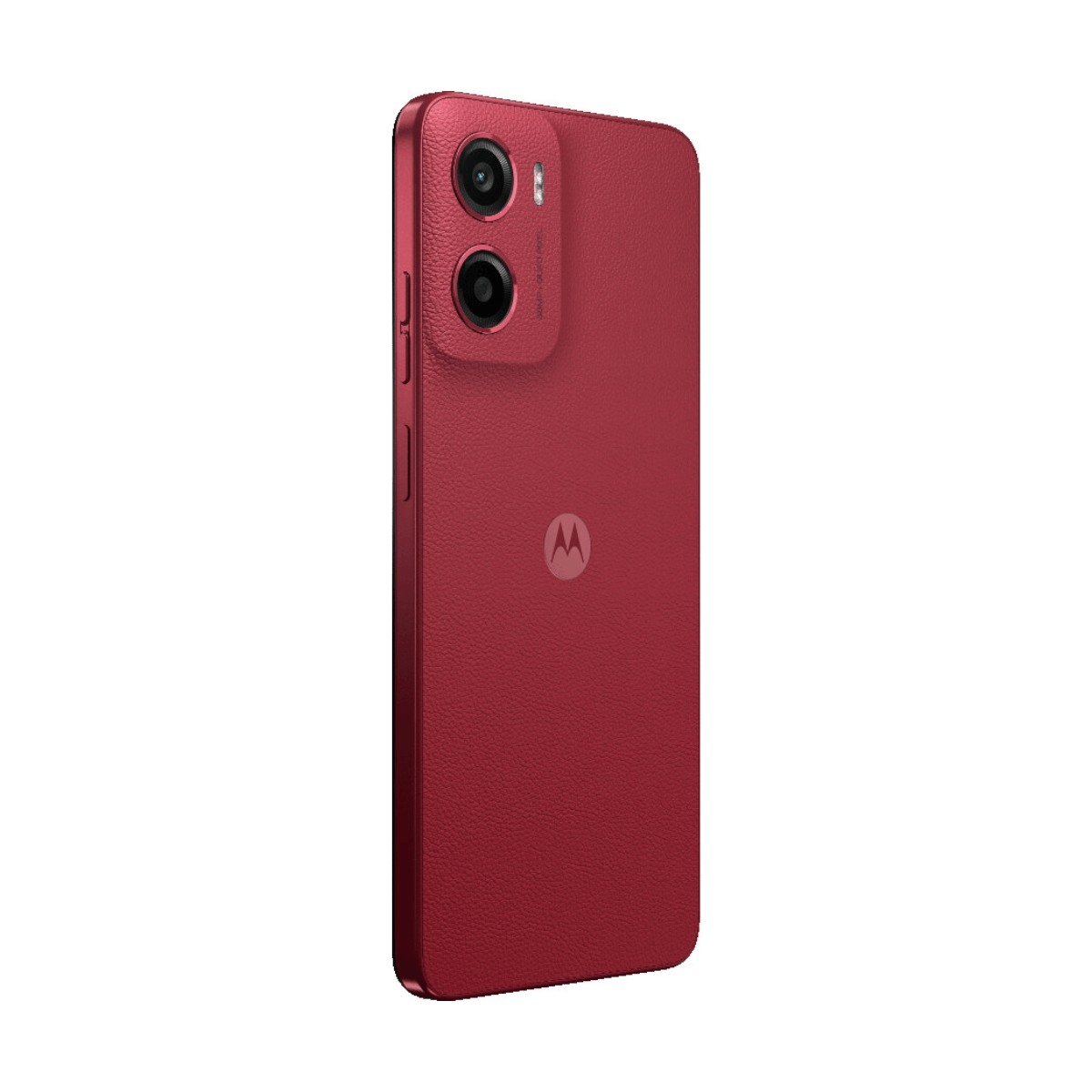 Rückseite eines roten Smartphones mit Dualkamera und Motorola-Logo auf weißem Hintergrund.