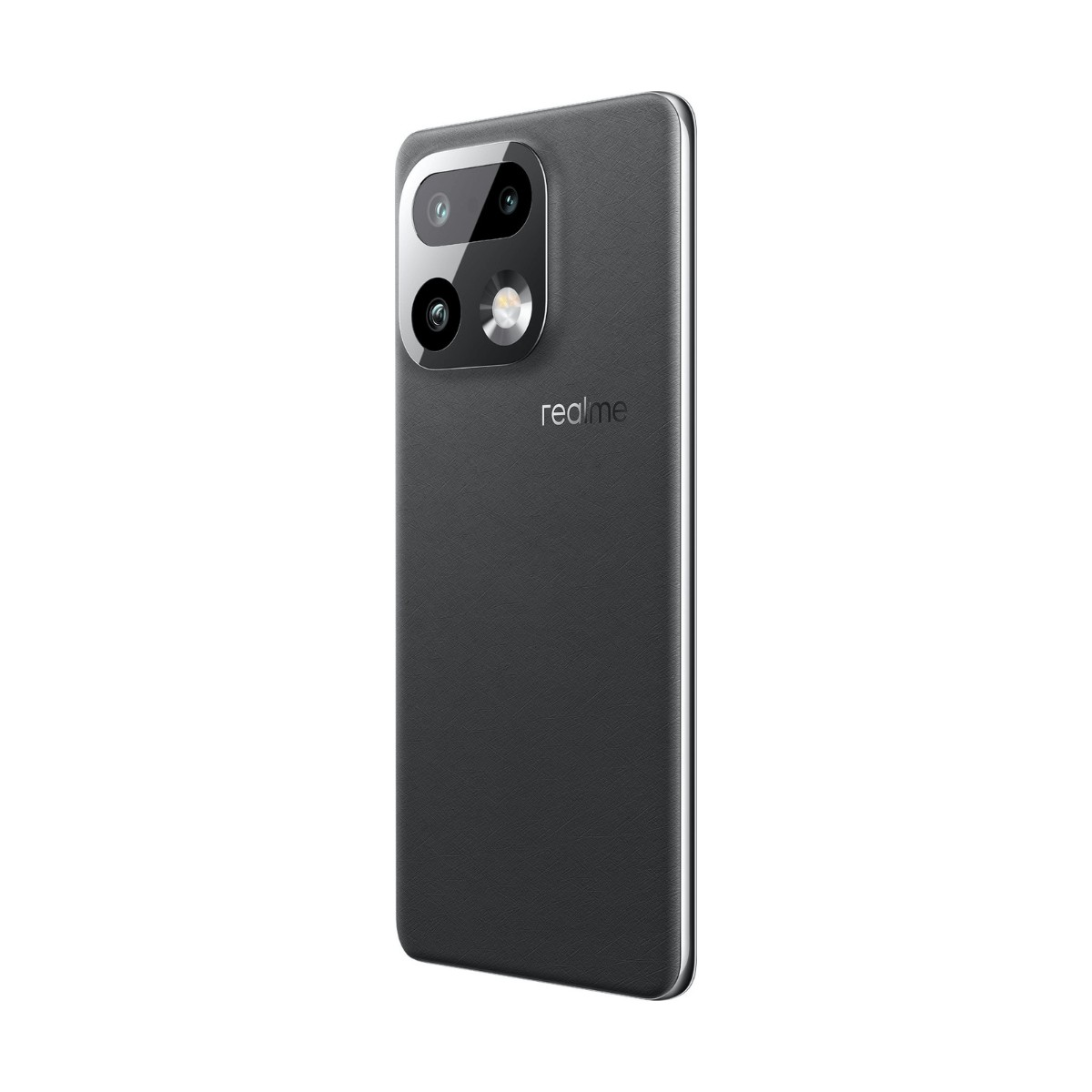 Retro di uno smartphone Realme grigio con modulo fotocamera rettangolare e logo realme.
