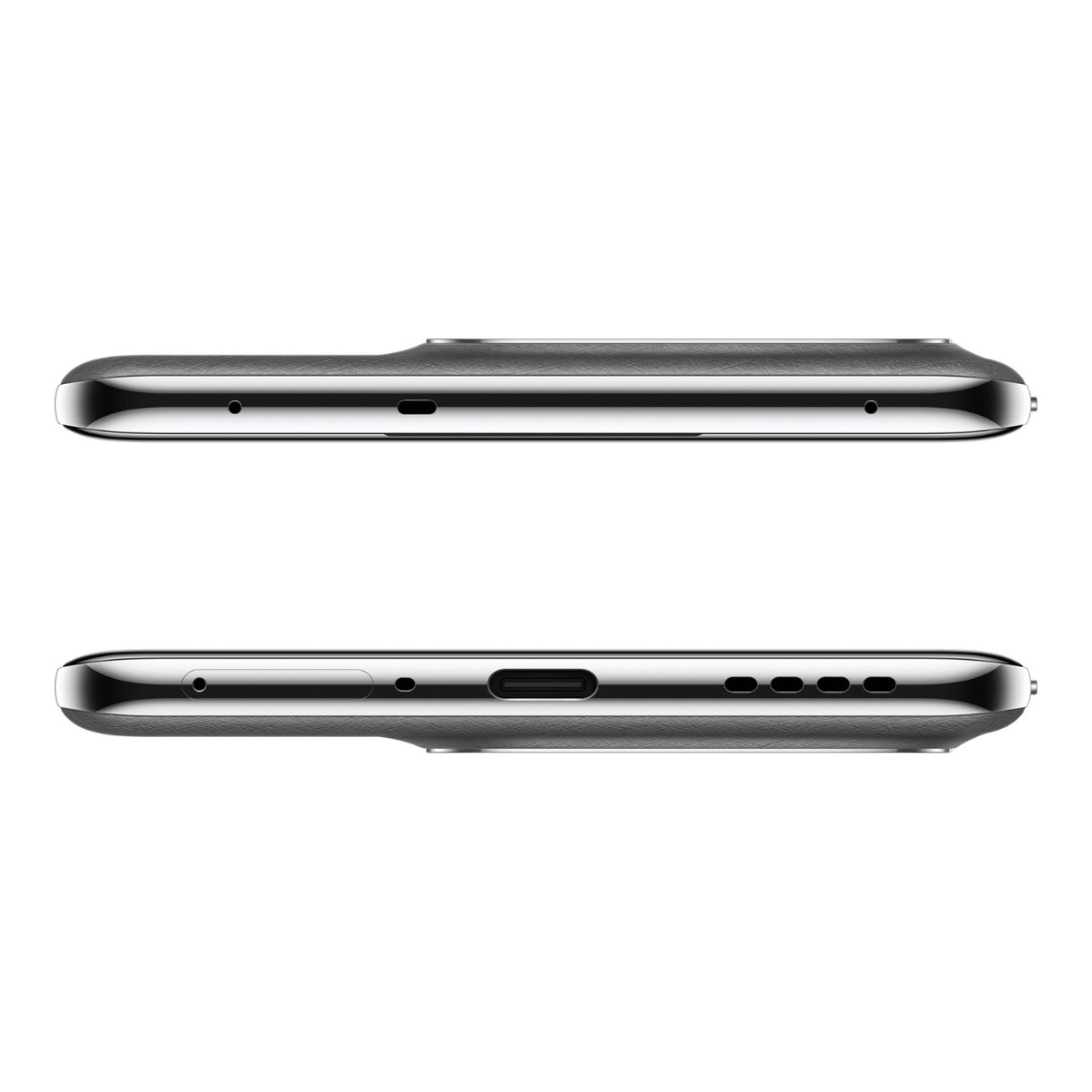 Bordi superiore e inferiore di uno smartphone nero con porta USB-C, griglia altoparlante, microfoni e vassoio SIM.