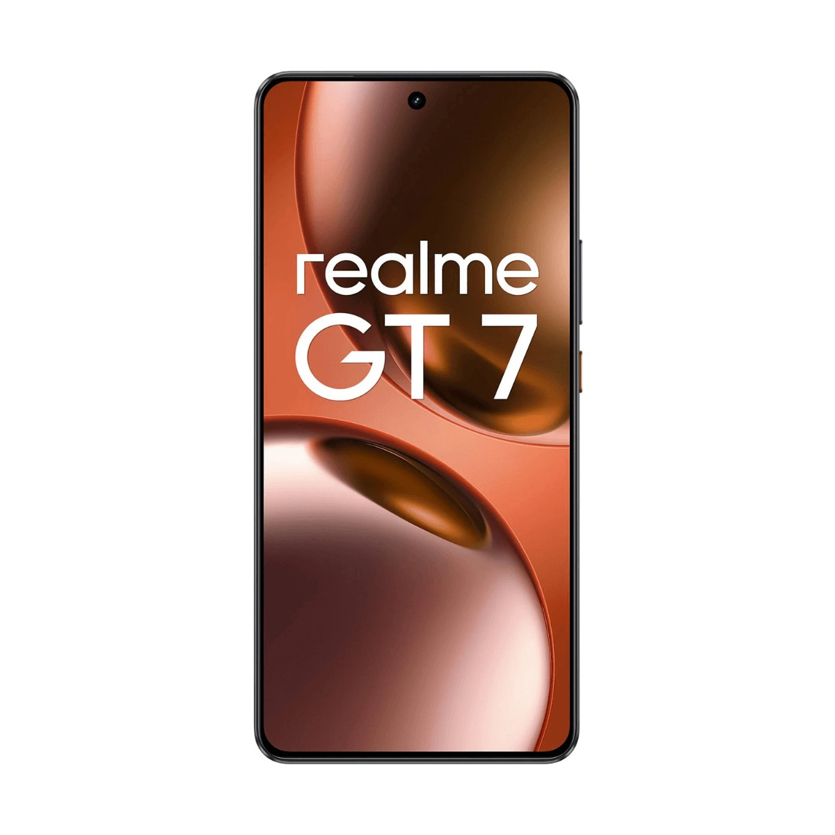 Uno smartphone mostra il logo Realme GT 7 su uno schermo con gradiente arancione.