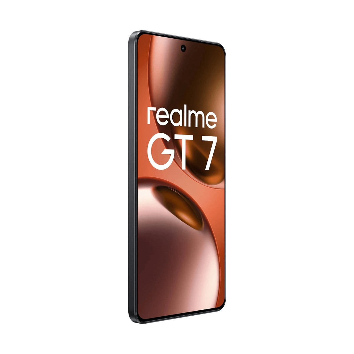 Uno smartphone nero inclinato mostra uno sfondo arancione astratto con la scritta 'realme GT 7'.