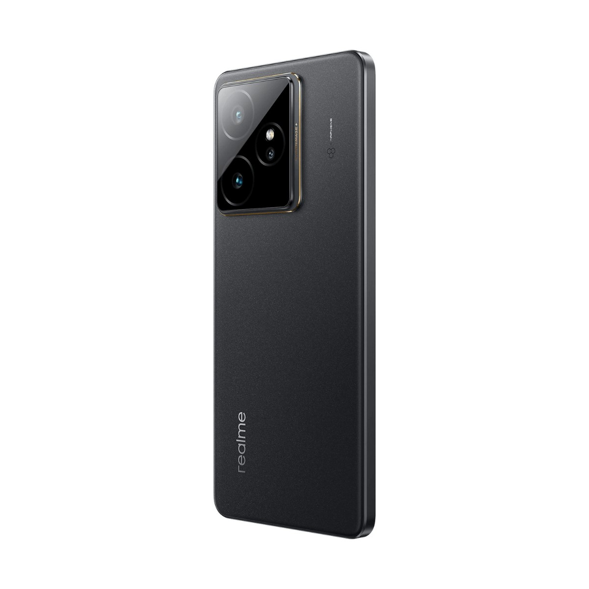 Retro di uno smartphone Realme nero con tripla fotocamera e logo.