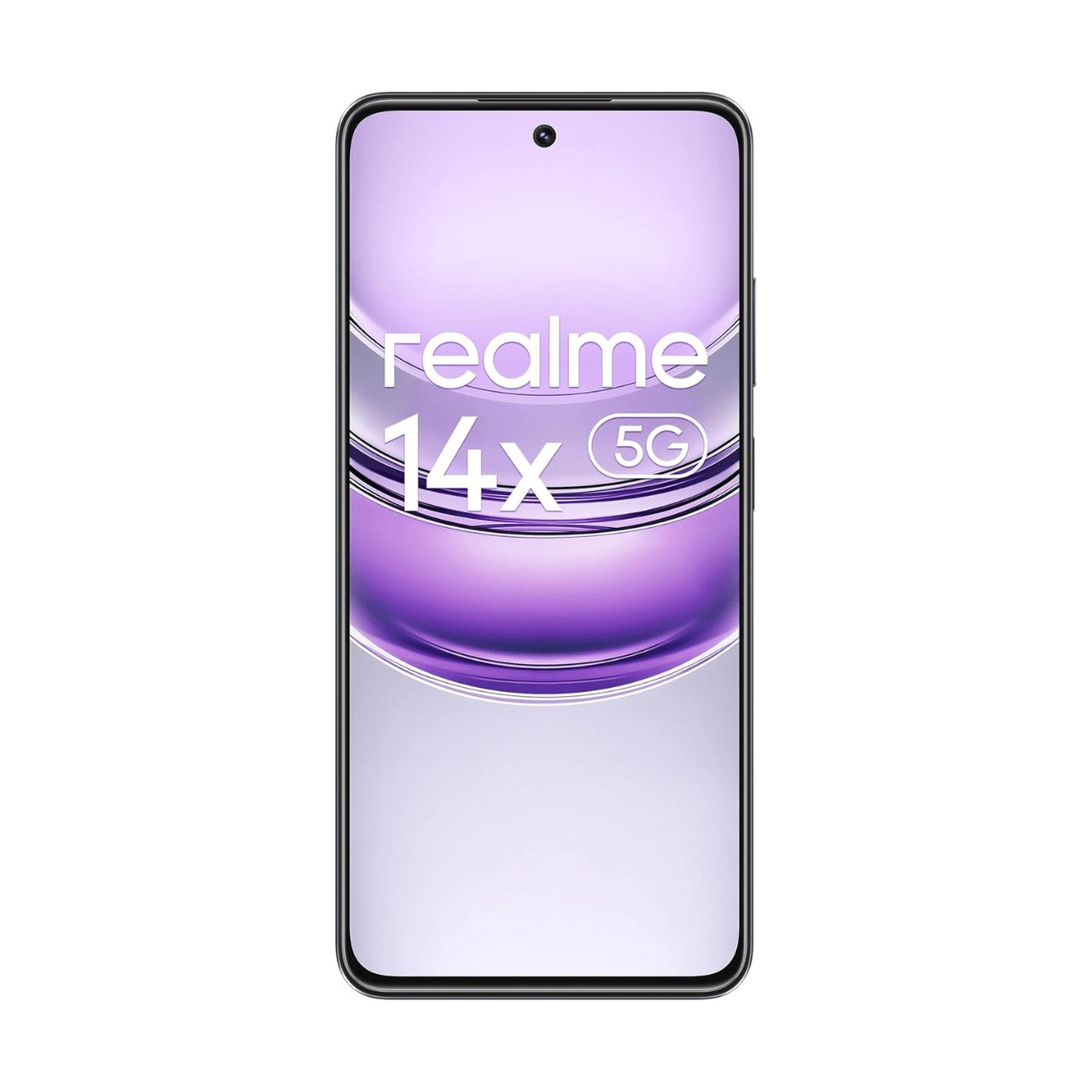Uno smartphone con schermo viola mostra il testo realme 14x 5G e una fotocamera frontale.