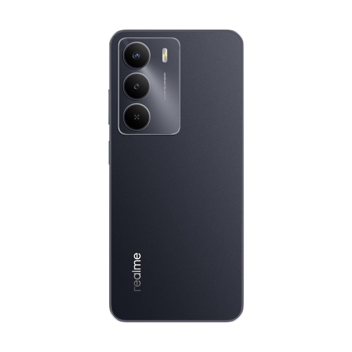 Retro di uno smartphone Realme grigio scuro con tre obiettivi fotografici e il logo Realme.
