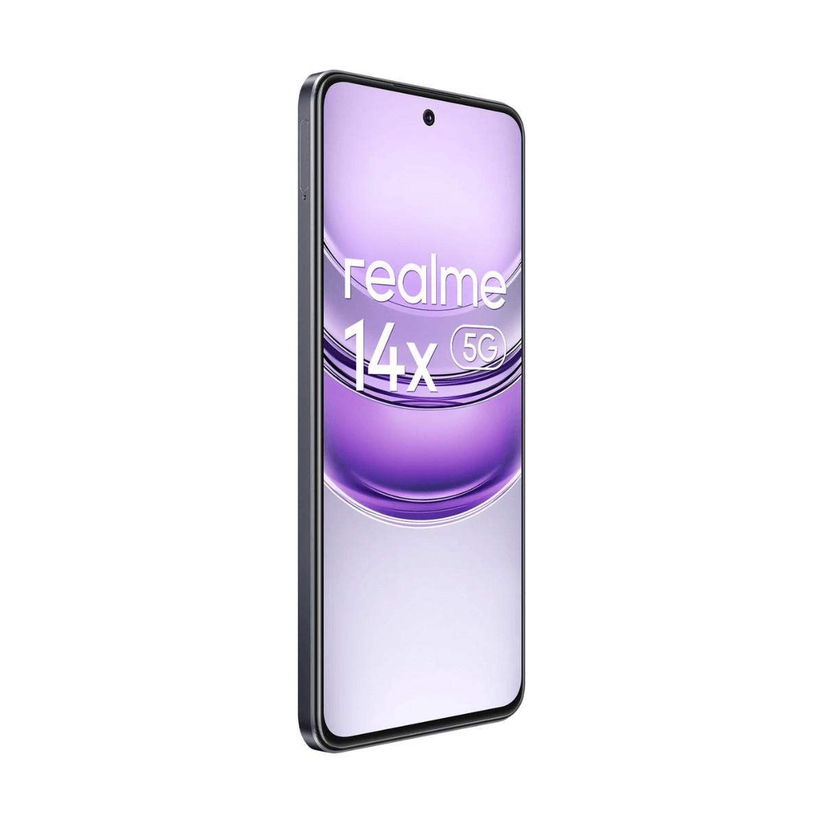 Uno smartphone viola Realme 14x 5G mostrato di tre quarti su sfondo bianco.