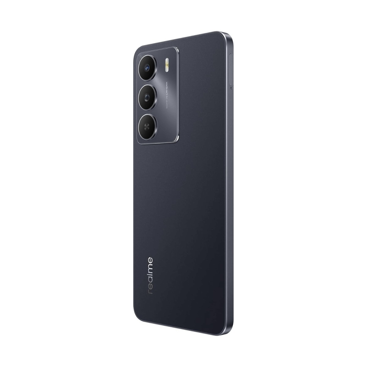 Vista posteriore di uno smartphone Realme scuro con tre fotocamere allineate verticalmente a sinistra.