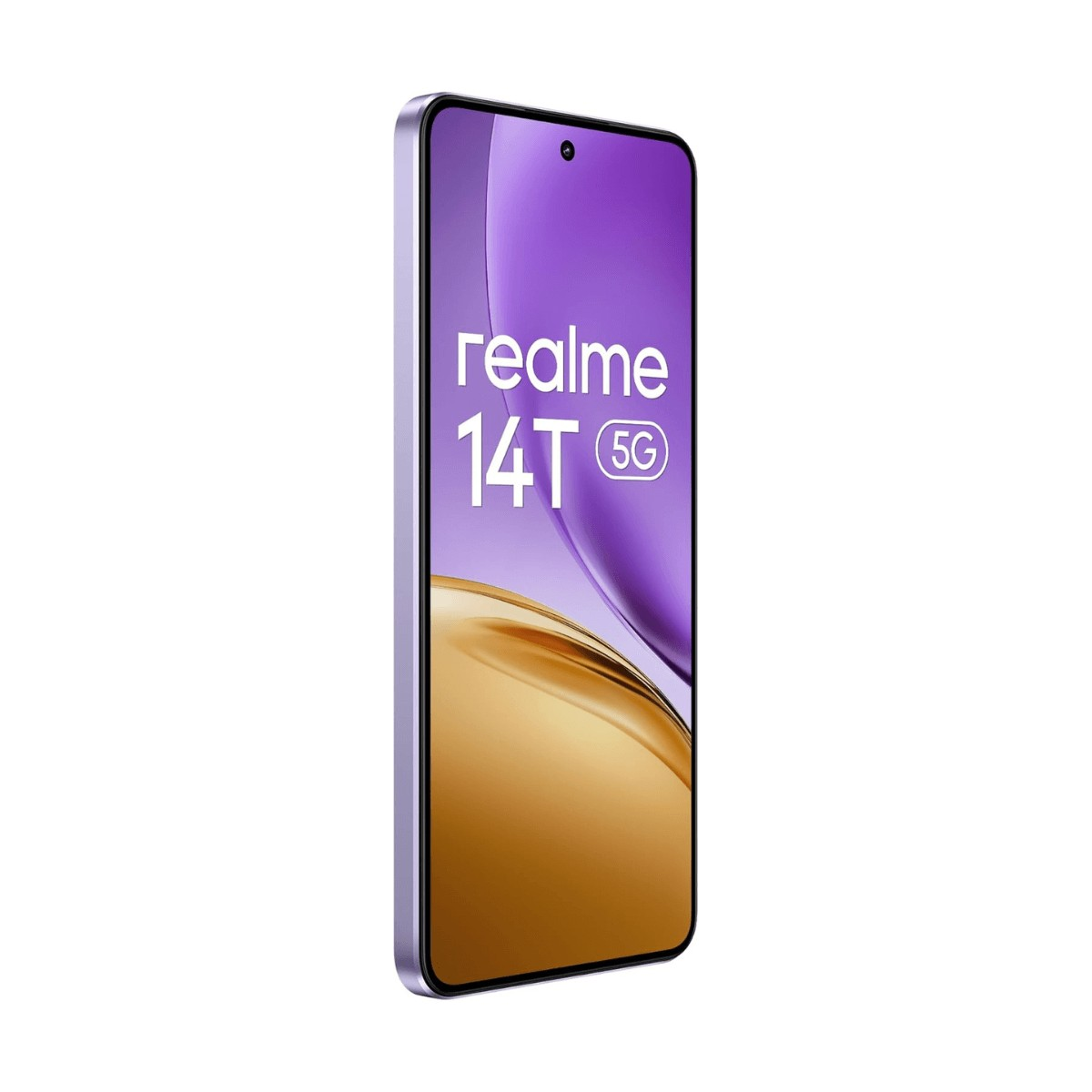 Uno smartphone Realme 14T 5G viola visto di angolazione, che mostra uno sfondo dello schermo viola e oro.