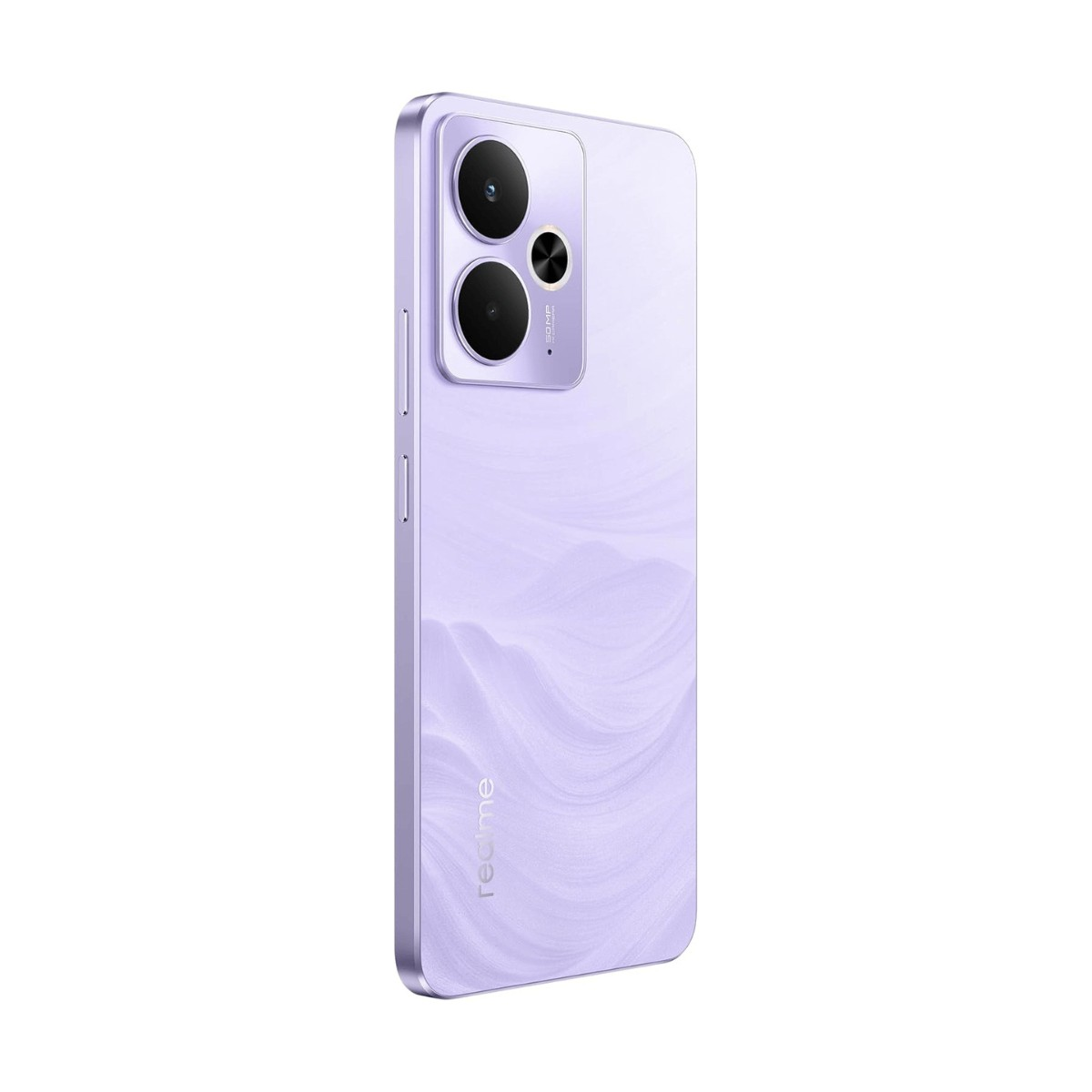 Uno smartphone Realme viola chiaro con tre lenti della fotocamera posteriore mostra un motivo ondulato e il logo.