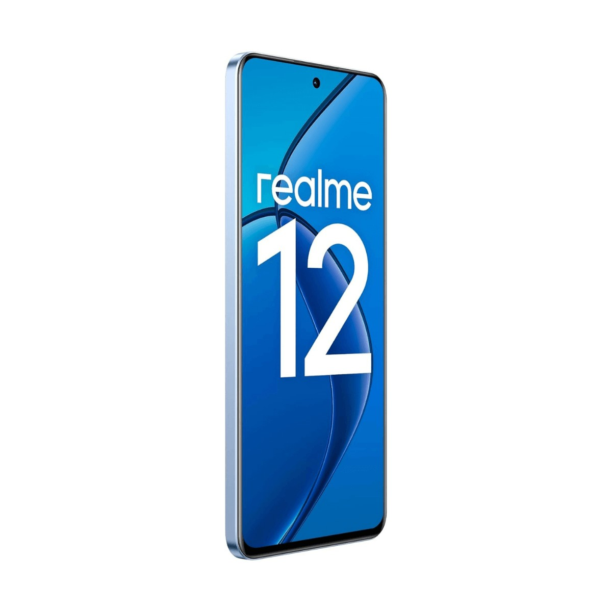 Uno smartphone Realme 12 azzurro visto da una leggera angolazione, con il marchio e il numero 12.