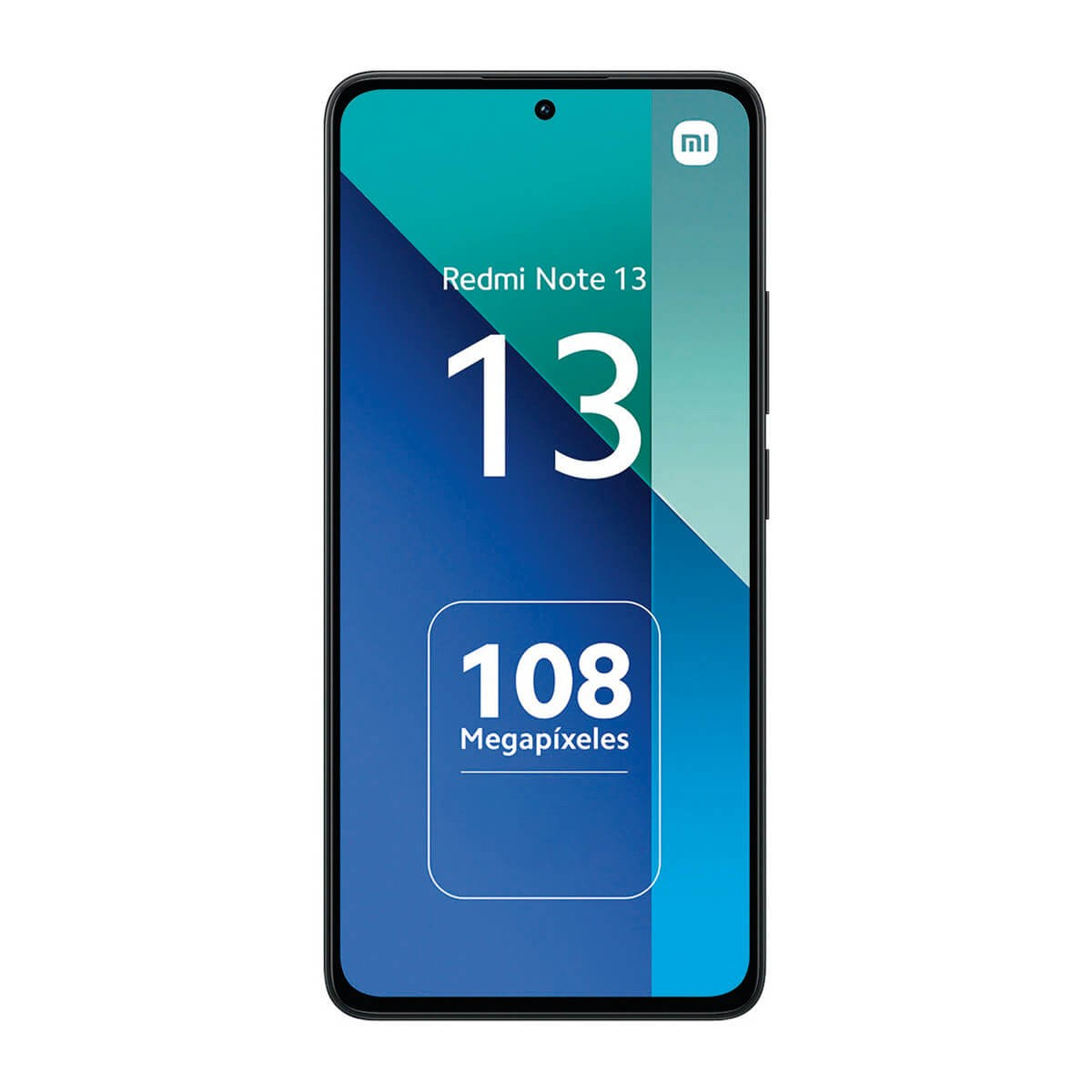 Frontansicht eines schwarzen Xiaomi Redmi Note 13 Smartphones mit blauem und türkisfarbenem Display.