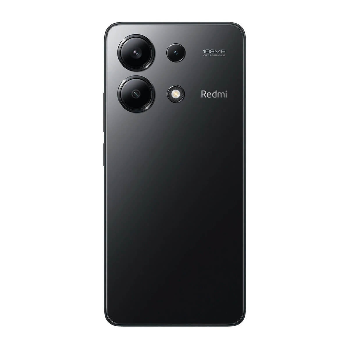 Rückseite eines schwarzen Redmi-Smartphones mit zwei großen Kameraobjektiven und dem Redmi-Logo.