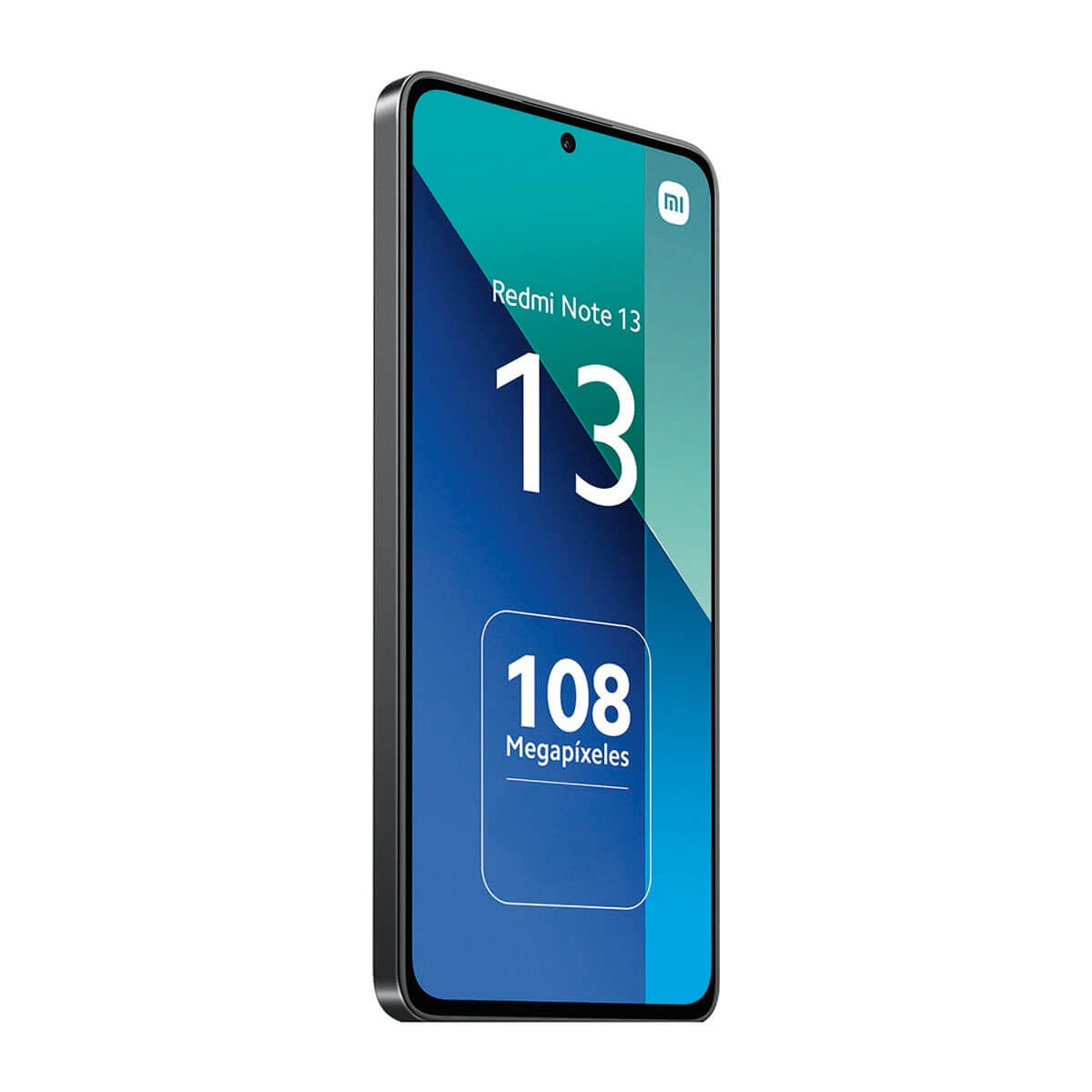 Schwarzes Smartphone nach links gedreht, zeigt Redmi Note 13 und 108 Megapixels auf dem Bildschirm.