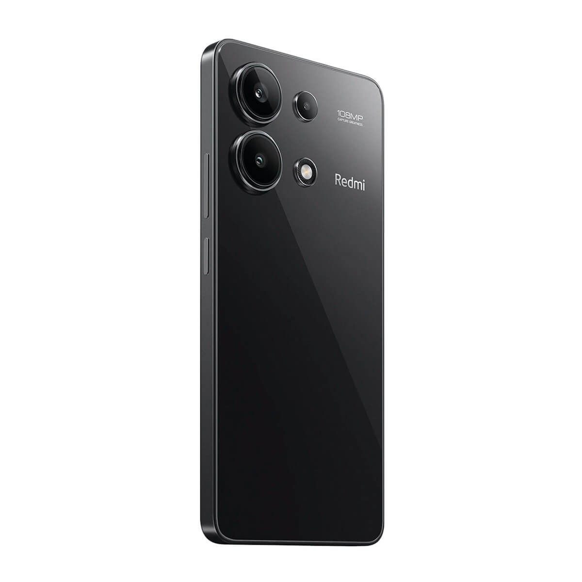 Rückseite eines schwarzen Redmi-Smartphones mit zwei großen Kameraobjektiven und einem 108MP-Logo.