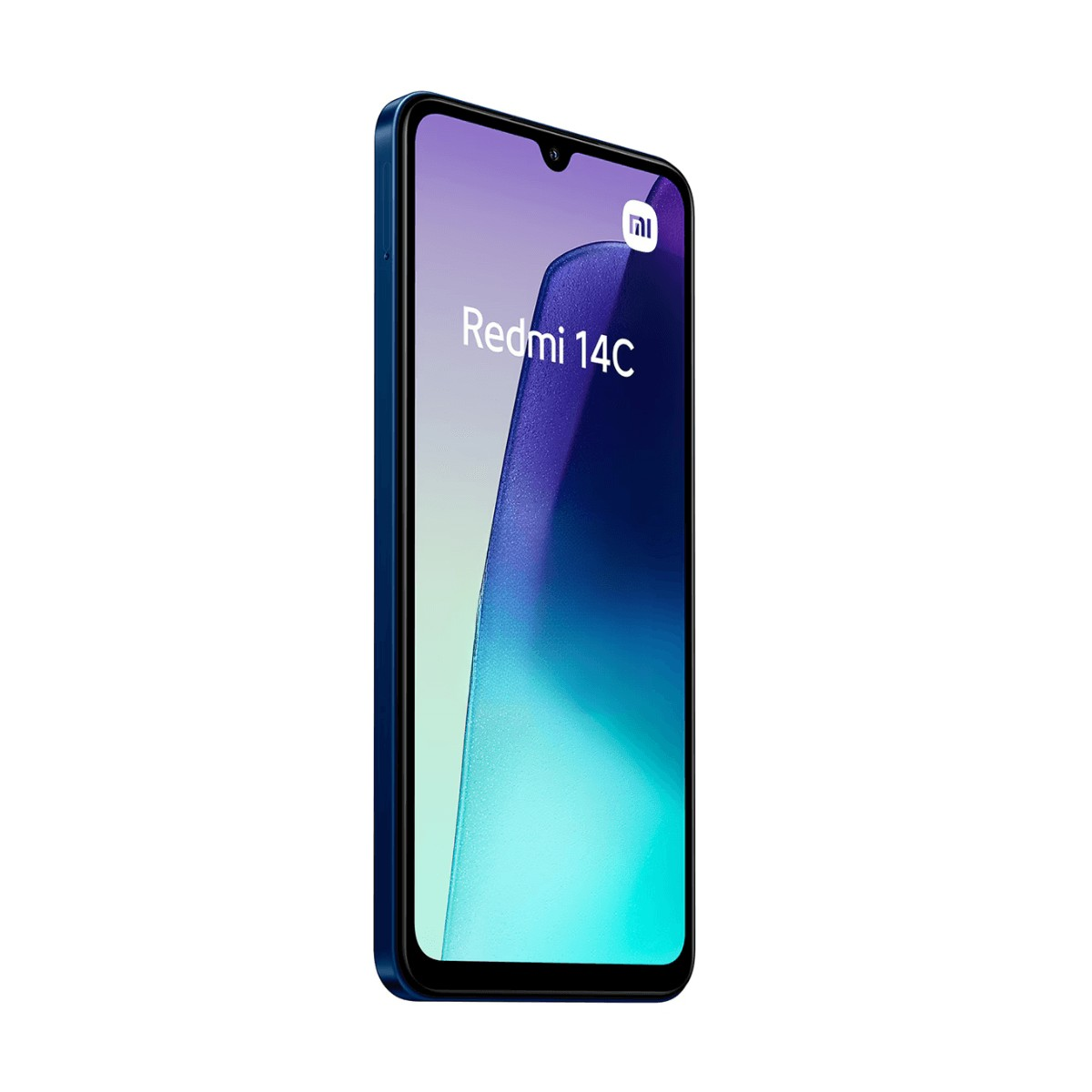 Uno smartphone Redmi 14C blu con schermo sfumato e logo Xiaomi su sfondo bianco.