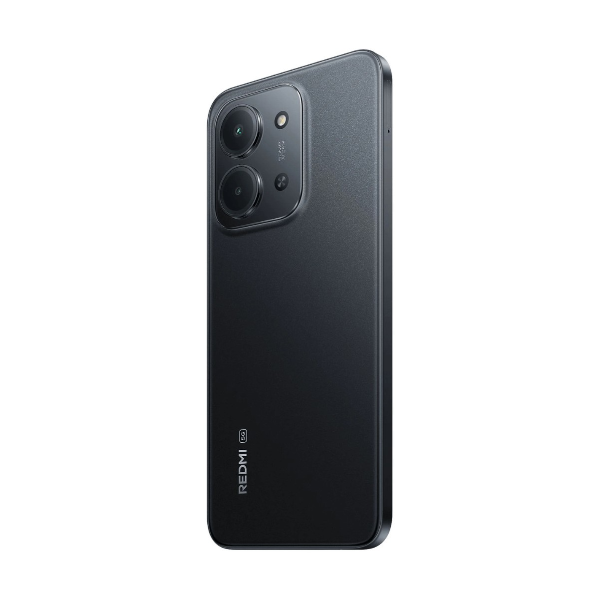 Vista posteriore di uno smartphone Redmi 5G nero con doppia fotocamera e logo.