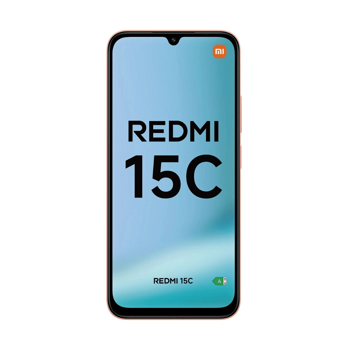Uno smartphone Xiaomi Redmi 15C con schermo blu e testo nero su sfondo bianco.