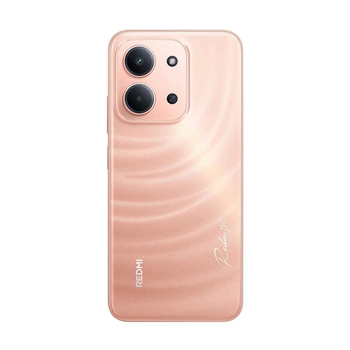 Retro di uno smartphone Redmi 13C rosa con doppia fotocamera e motivo ondulato.