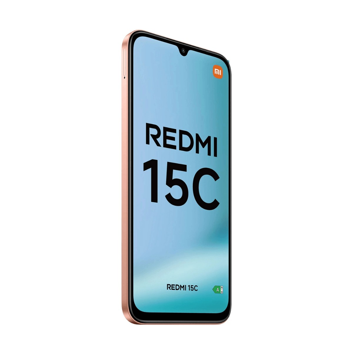 Uno smartphone Redmi 15C rosa mostra il logo del marchio e del testo sullo schermo blu.