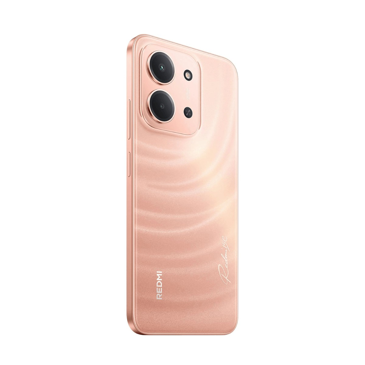 Uno smartphone Redmi oro rosa con due fotocamere posteriori e motivo a onde sul retro.