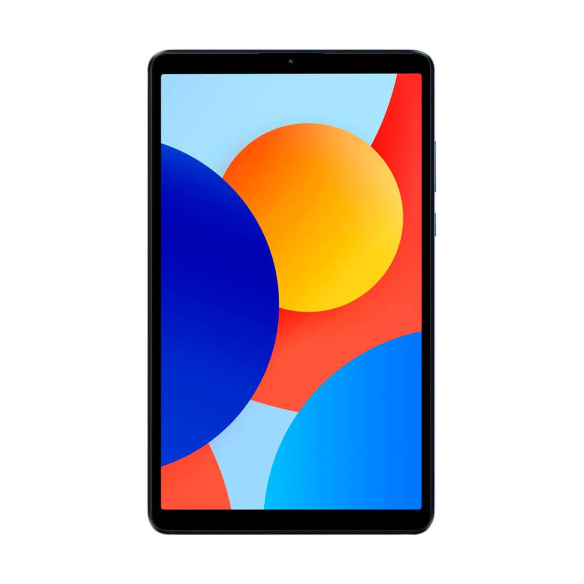 Un tablet nero mostra uno schermo colorato con cerchi astratti blu, arancioni e rossi.