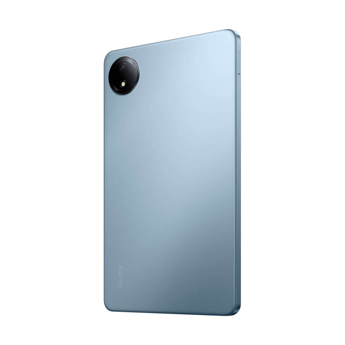 Retro di un tablet Redmi azzurro con una singola fotocamera rotonda in alto a sinistra e il logo in basso.