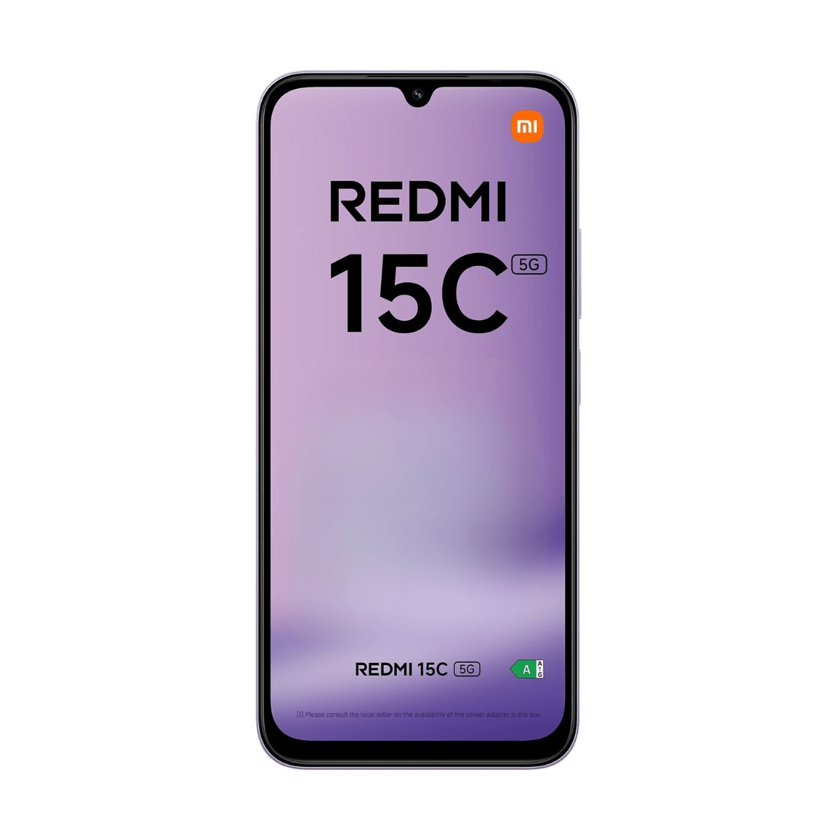 Vista frontale dello smartphone Redmi 15C 5G con display viola e sfondo bianco.