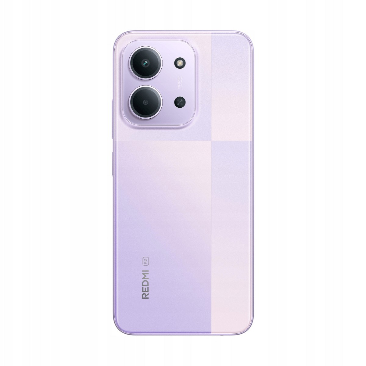 Retro di uno smartphone Redmi 5G viola con due obiettivi in alto a sinistra e il logo Redmi in basso.