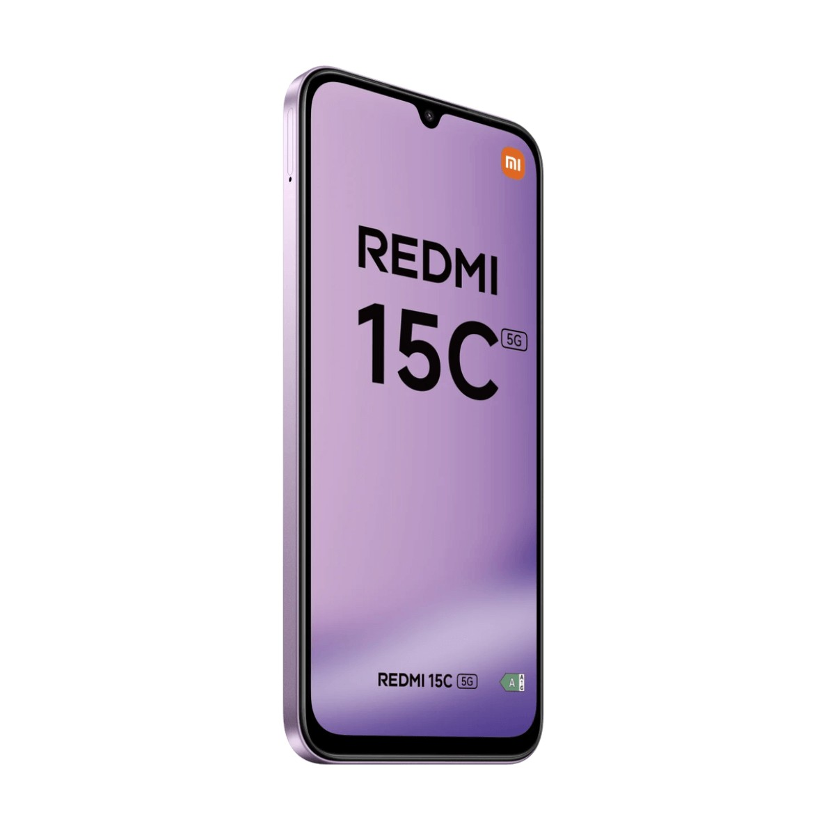 Uno smartphone Redmi 15C 5G viola è mostrato di sbieco, con lo schermo che mostra il nome del modello su sfondo viola.