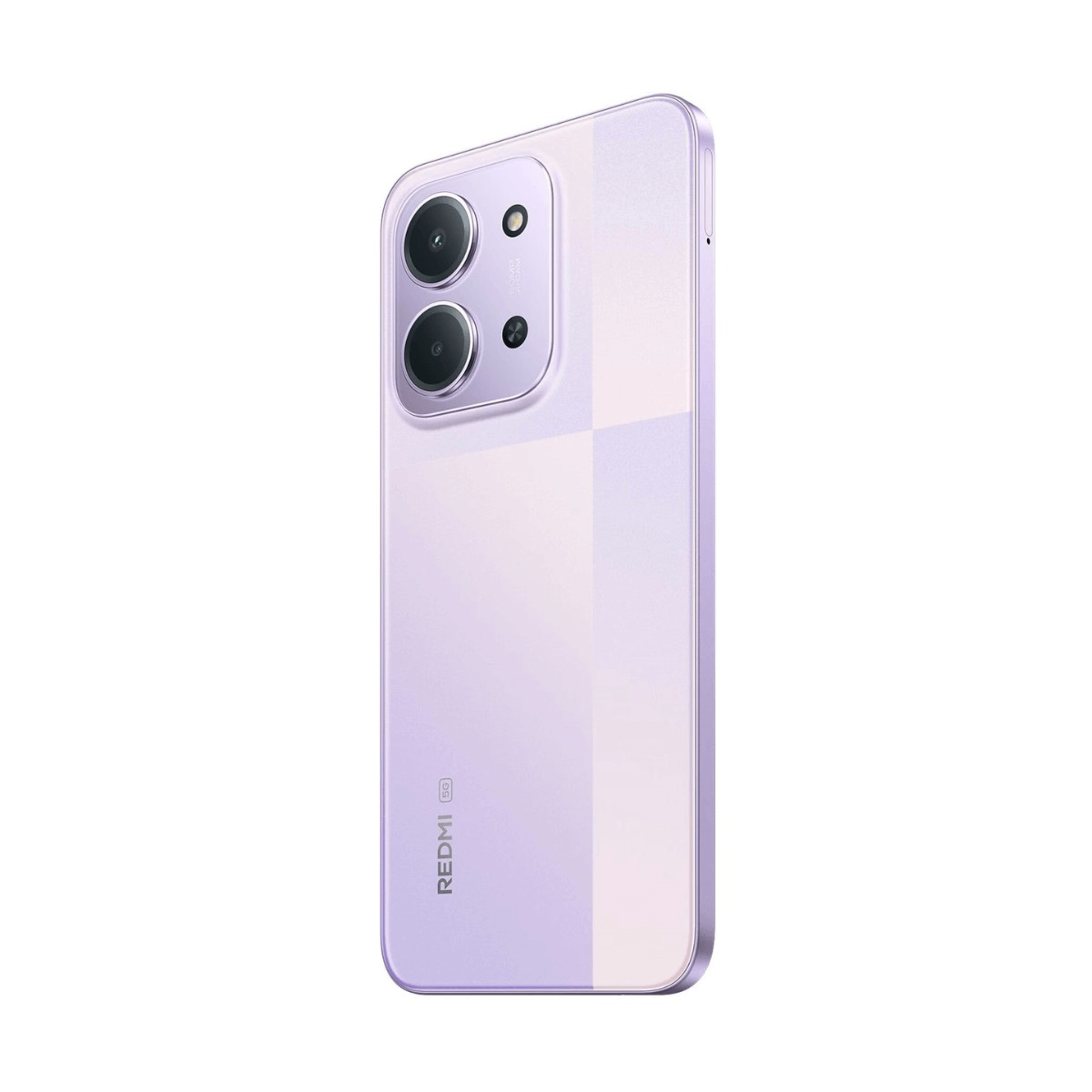 Smartphone Redmi viola con doppia fotocamera posteriore e design bicolore su sfondo bianco.