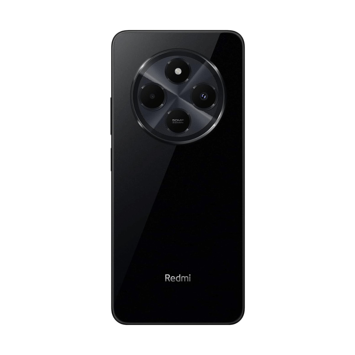 Il retro di uno smartphone Redmi nero con un grande modulo fotocamera rotondo in alto e il logo Redmi bianco in basso.