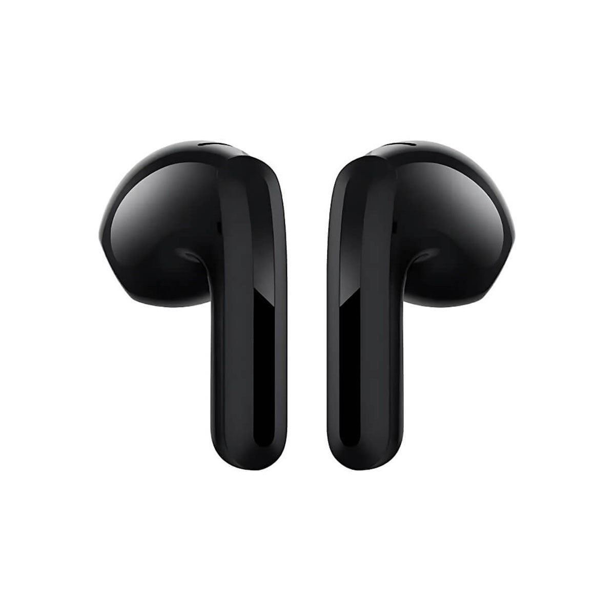 Un paio di auricolari wireless neri lucidi su sfondo bianco.