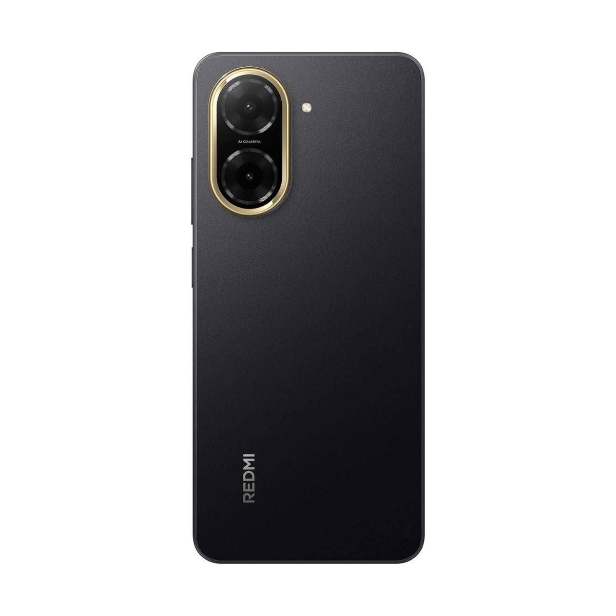 Retro di uno smartphone Redmi grigio scuro con doppia fotocamera in un modulo dorato e il logo Redmi.