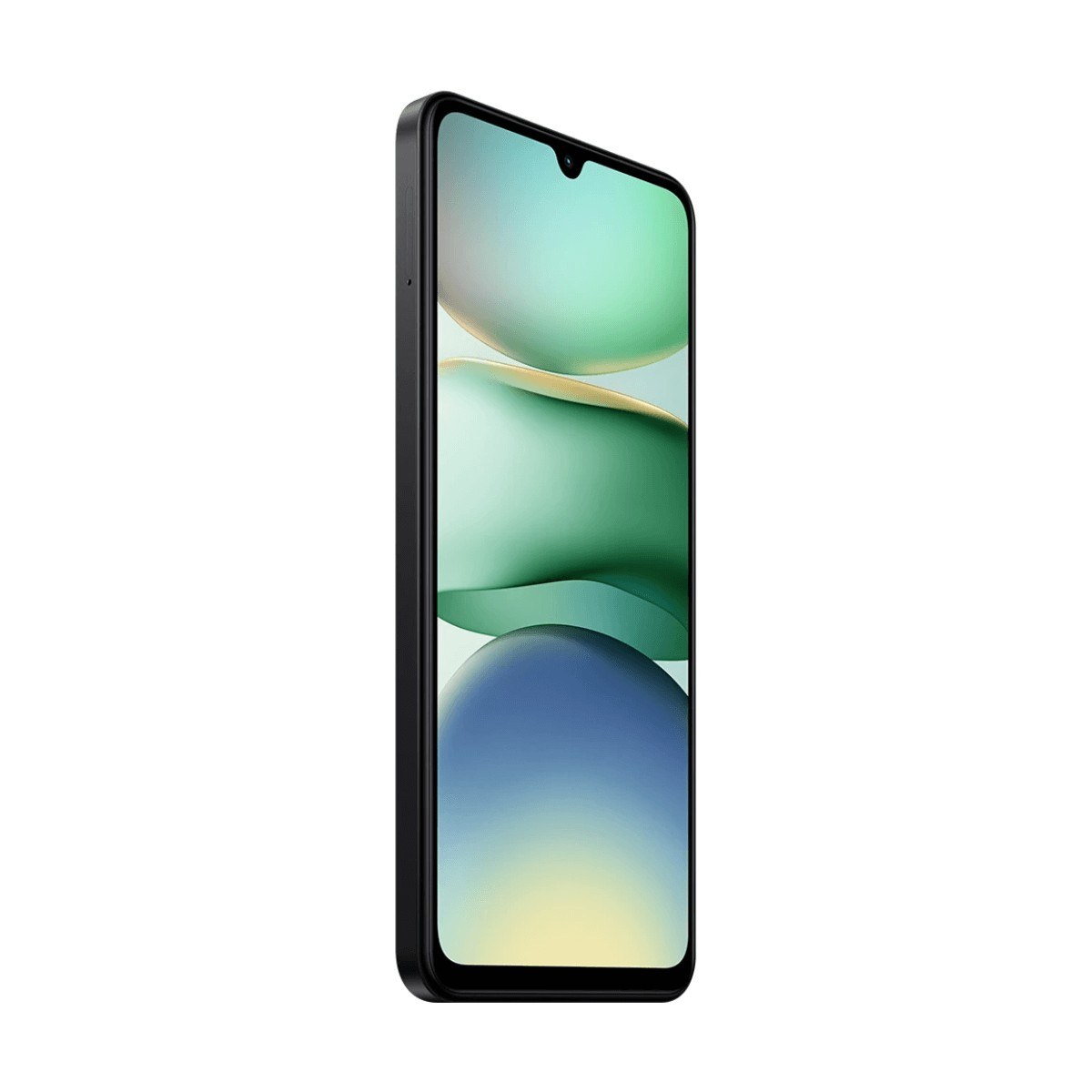 Uno smartphone nero visto dalla parte anteriore destra, che mostra uno sfondo astratto colorato sullo schermo.