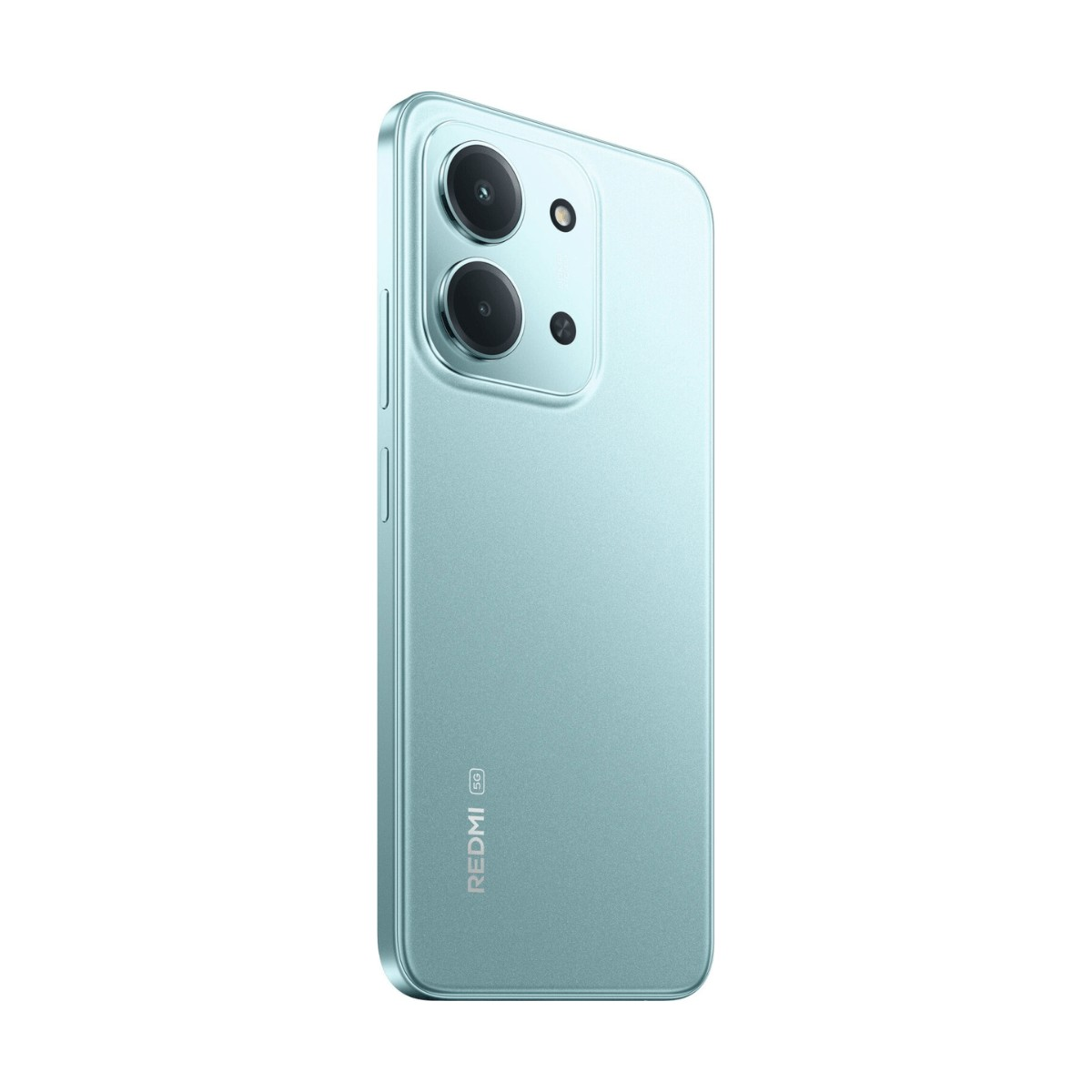 Smartphone Redmi azzurro con doppia fotocamera e logo 5G sul retro.