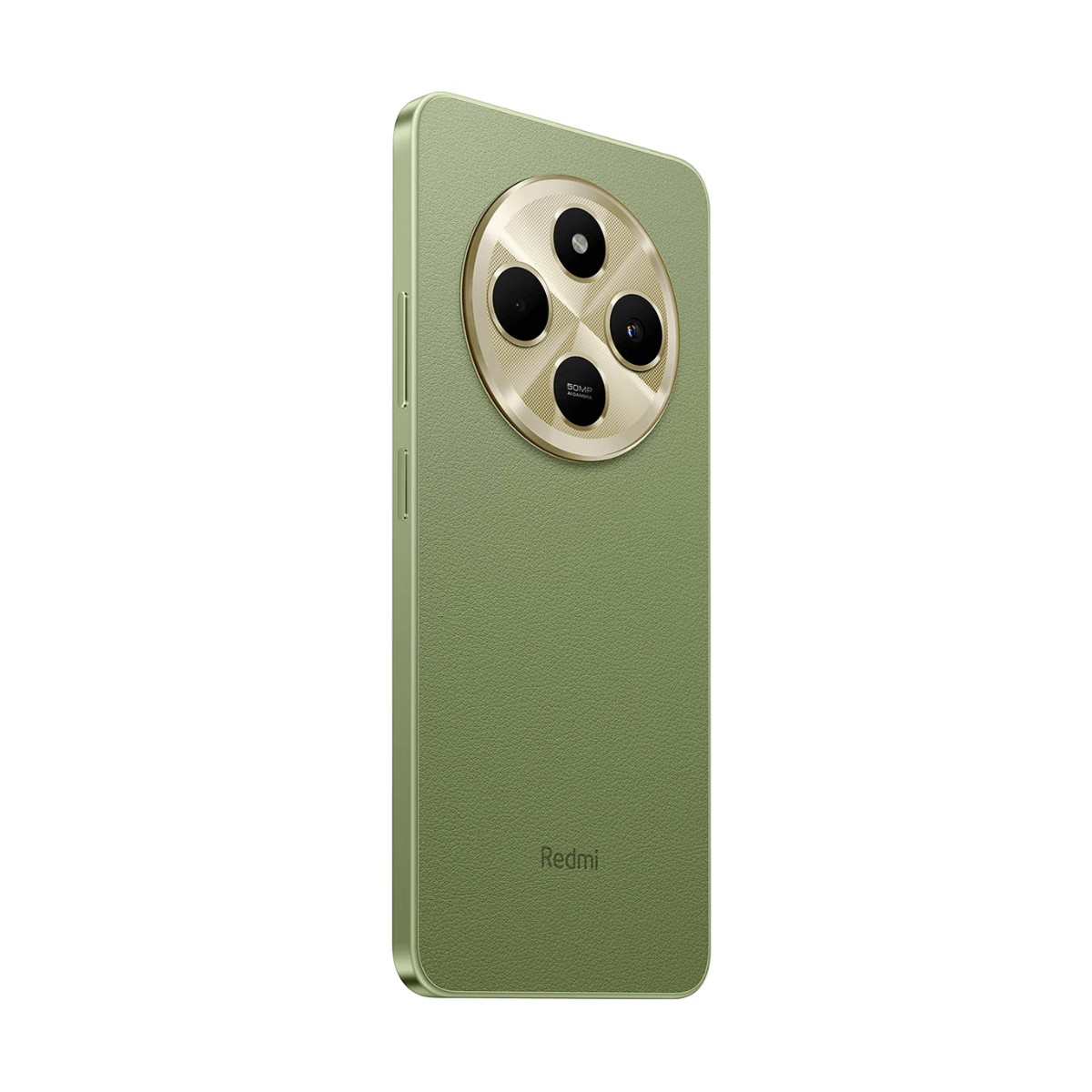 Uno smartphone Redmi verde con un grande modulo fotocamera rotondo e rifiniture dorate sul retro.