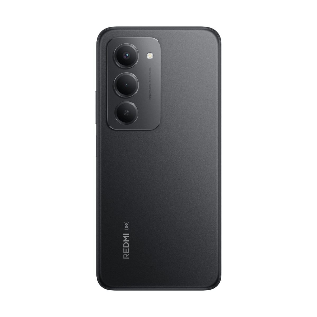 Retro di uno smartphone Redmi 5G grigio con modulo a tripla fotocamera verticale e logo Redmi.