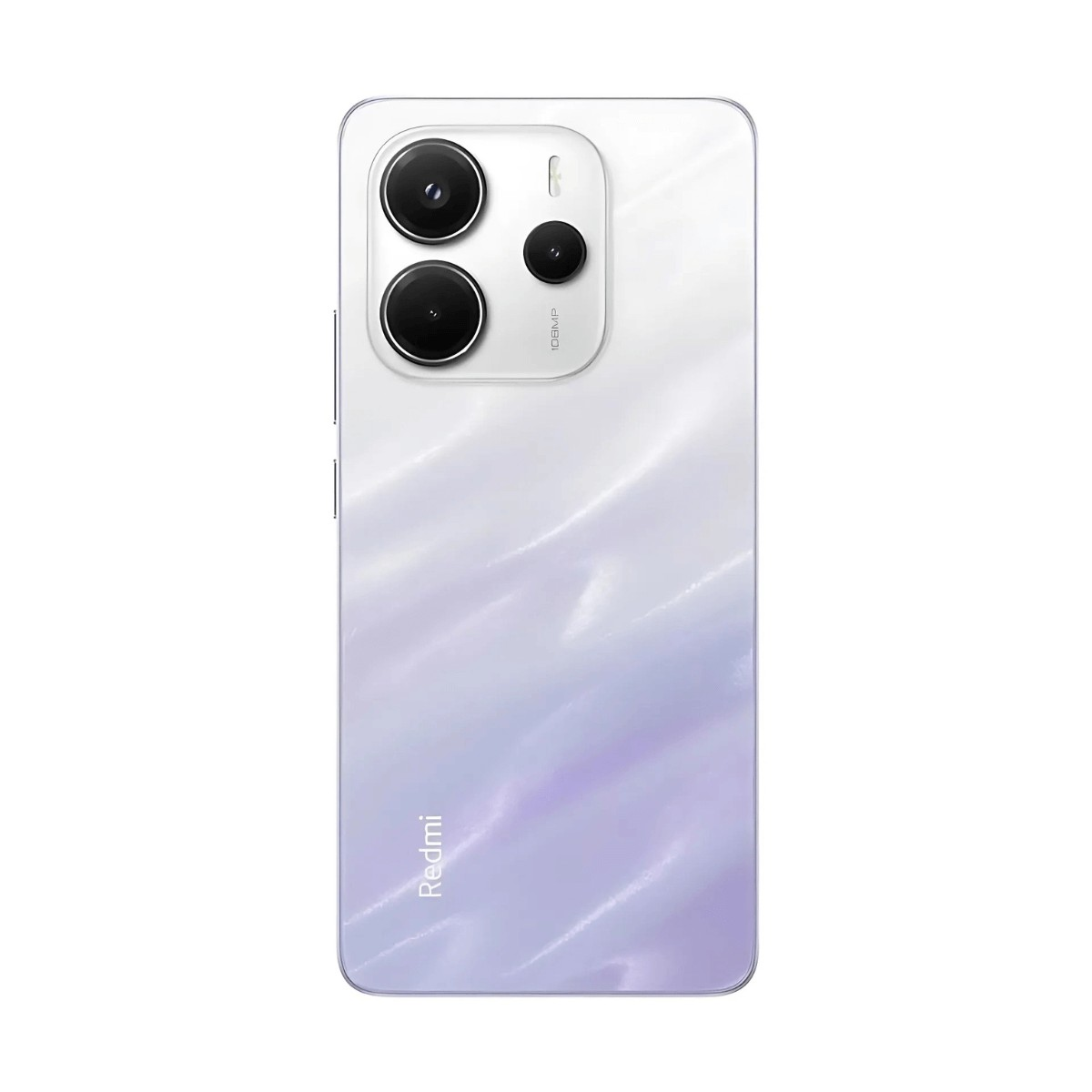 Retro di uno smartphone Redmi bianco e viola con tripla fotocamera e logo.