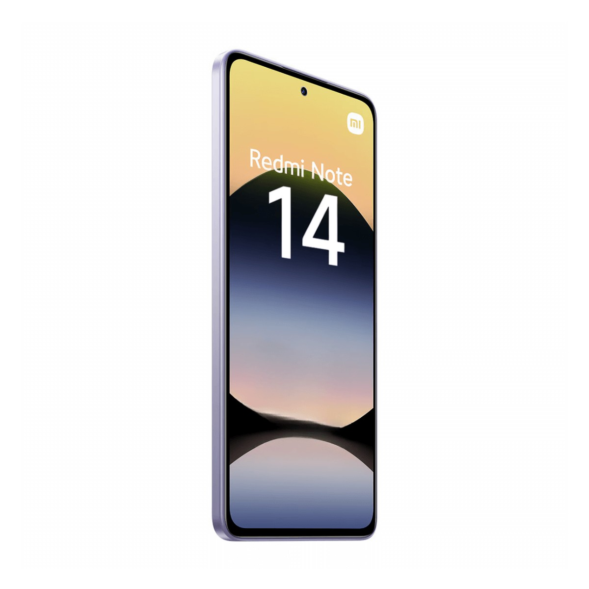 Uno smartphone Redmi Note 14 viola è mostrato di sbieco su sfondo bianco.