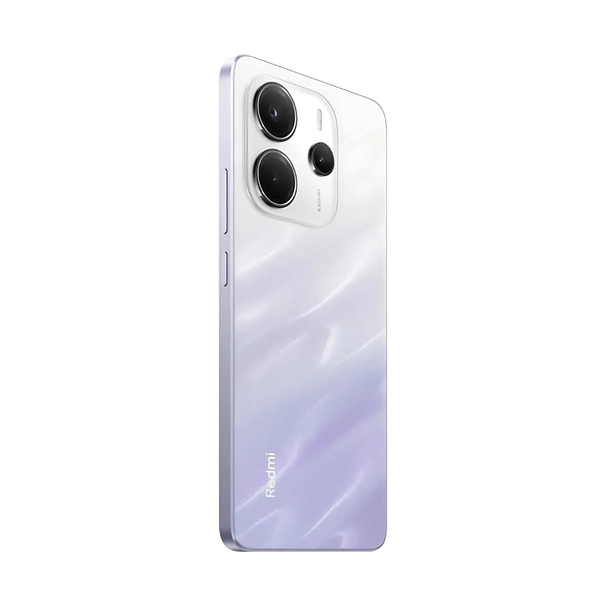 Retro di uno smartphone Redmi viola chiaro con due grandi obiettivi fotografici e il logo del marchio.