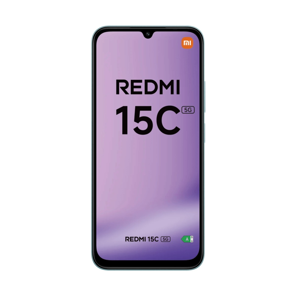 Vista frontale di uno smartphone Redmi 15C 5G blu con schermo viola e logo Xiaomi.